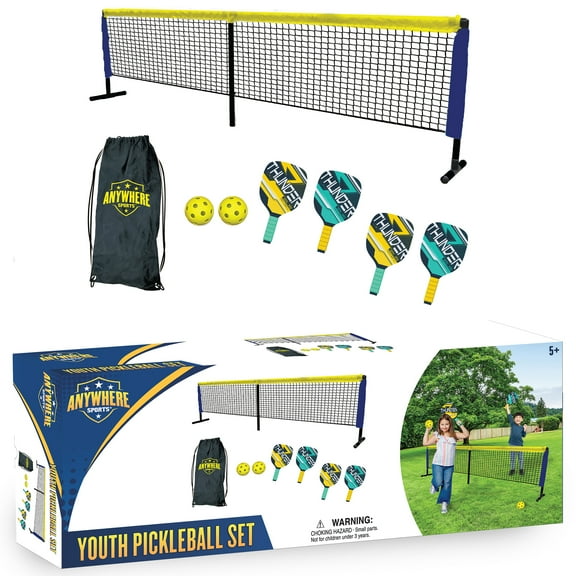 Anywhere Sports: Youth Pickleball Set - 8pc Ultimate Game Play Kit, 8' Half Court Net, Paddles-Balls-Carry Bag, Padded Handle, Easy To Grip, Kids 5 