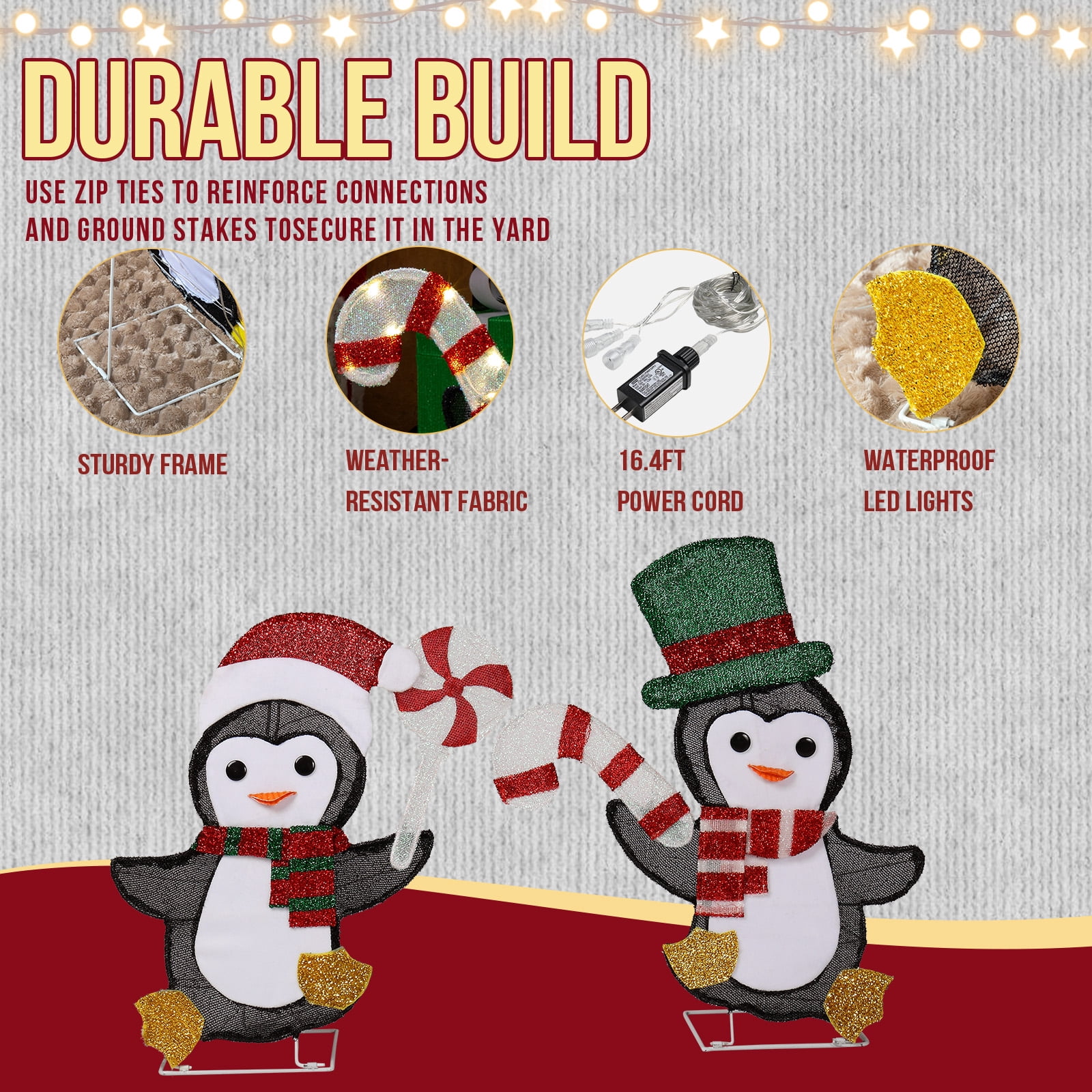 Astoutdoor Set of 2 Lighted Penguin and Candy Cane Christmas Decorations, Pre-lit 2D Holiday Decor with 80 Warm White LED Lights for Indoor Outdoor Use