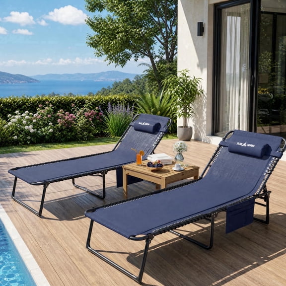 POTEBAN Set of 2 Folding Outdoor Lounge Chairs, 350lbs Heavy Duty Patio Recliner Chairs for Backyard, Lawn, Pool, Navy Blue