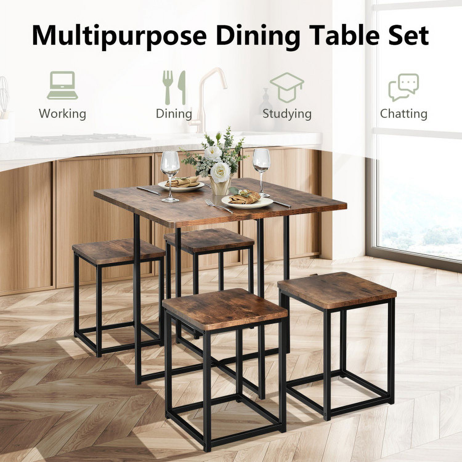 Finihen Dining Set, Dining Table Set, 5 Pieces Metal Frame Dining Set with Compact Dining Table and 4 Stools, for Home, Restaurant, Walnut Finihen Dining Set, Dining Table Set, 5 Pieces Metal Frame Dining Set with Compact Dining Table and 4 Stools, for Home, Restaurant, Walnut