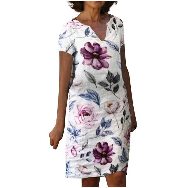 Birdeem Robe d'Été Décontractée à Manches Courtes Col en V Imprimée Florale pour Femmes