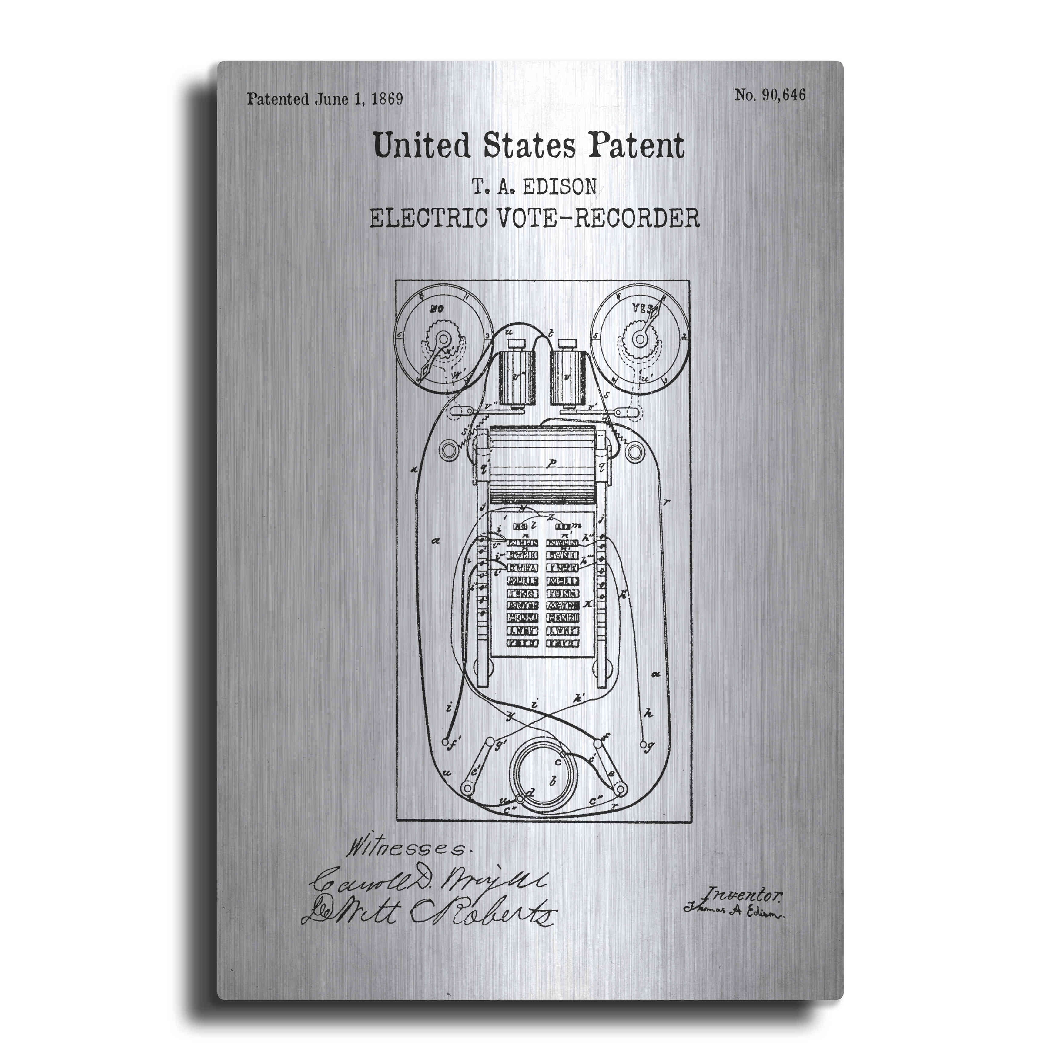 Luxe Metal Art 'Electric Voterecorder Blueprint Patent White' Acrylic Glass Wall Art, 24"x36