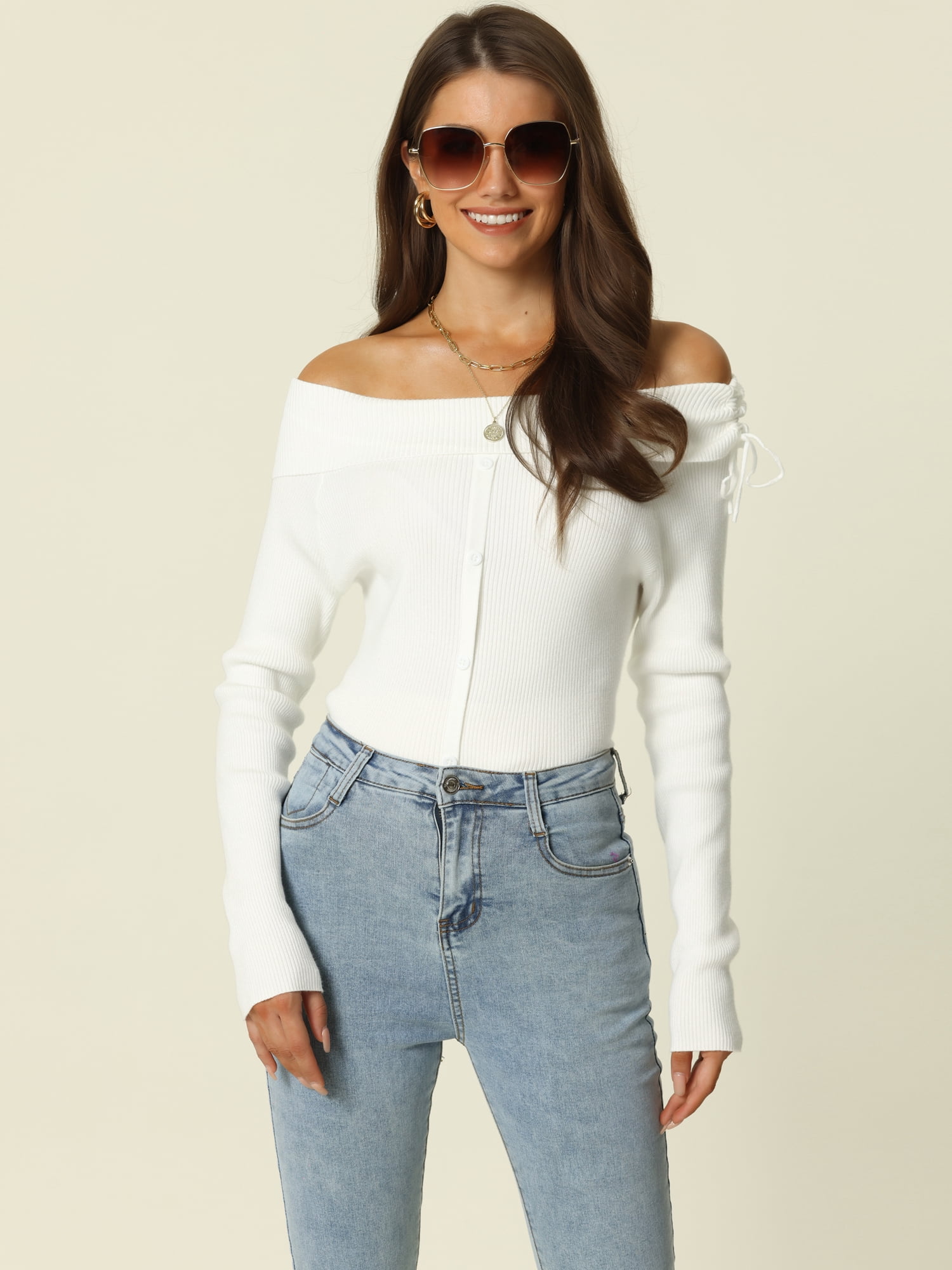 Unique Bargains Women's Off Shoulder Ribbed Knit Long Sleeve Solid Sweater Pullover Top XL White