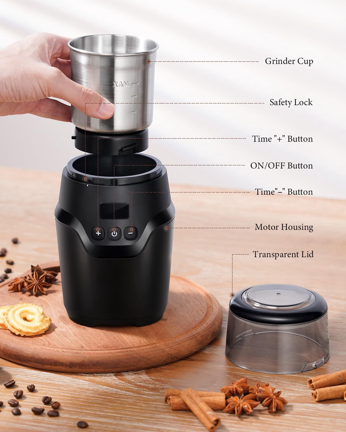 GDOR Adjustable Coffee Grinder Electric,Super Silent Electric Coffee Bean Grinder with Time-Memory Adjustment and Multi-Functional Stainless Steel Cup