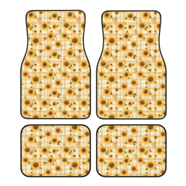 Kdxio Coffee Plaid Sunflower Print Car Floor Mats Universal SUV Front Rear Floor Foot Mats 4-Piece Full Set with Non-Slip Rubber Backing Car Accessories for Most Cars