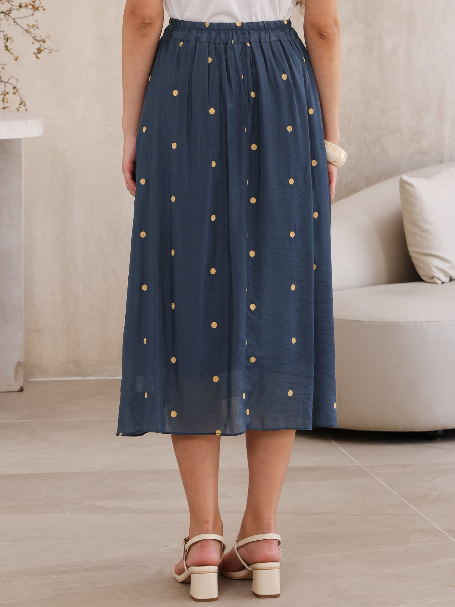DARING DIVA Women's Elastic Waist Polka Dots Midi Skirts Medium Dark Blue