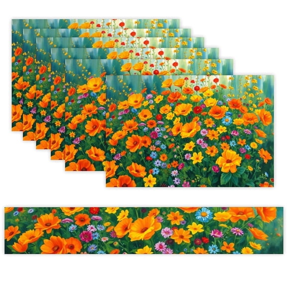 7 Piece Linen Table Runner and Placemats Set, Colorful Wildflower Field Round Corner Heat Resistant Washable Table Mats for Home Kitchen Dining Party Decoration