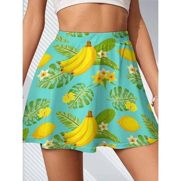 Womens White Banana Print Sport Skirt With Built-In Shorts And Pockets, A-Line Mini Skirt For Tennis, Badminton, Daily Wear