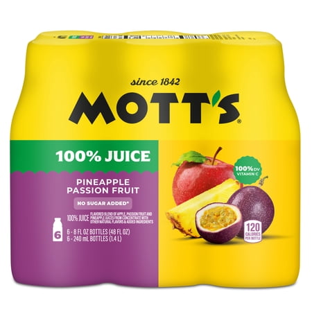 MOTT’S 100% PINEAPPLE PASSION FRUIT JUICE BLEND, 8 FL OZ, 6 COUNT BOTTLES