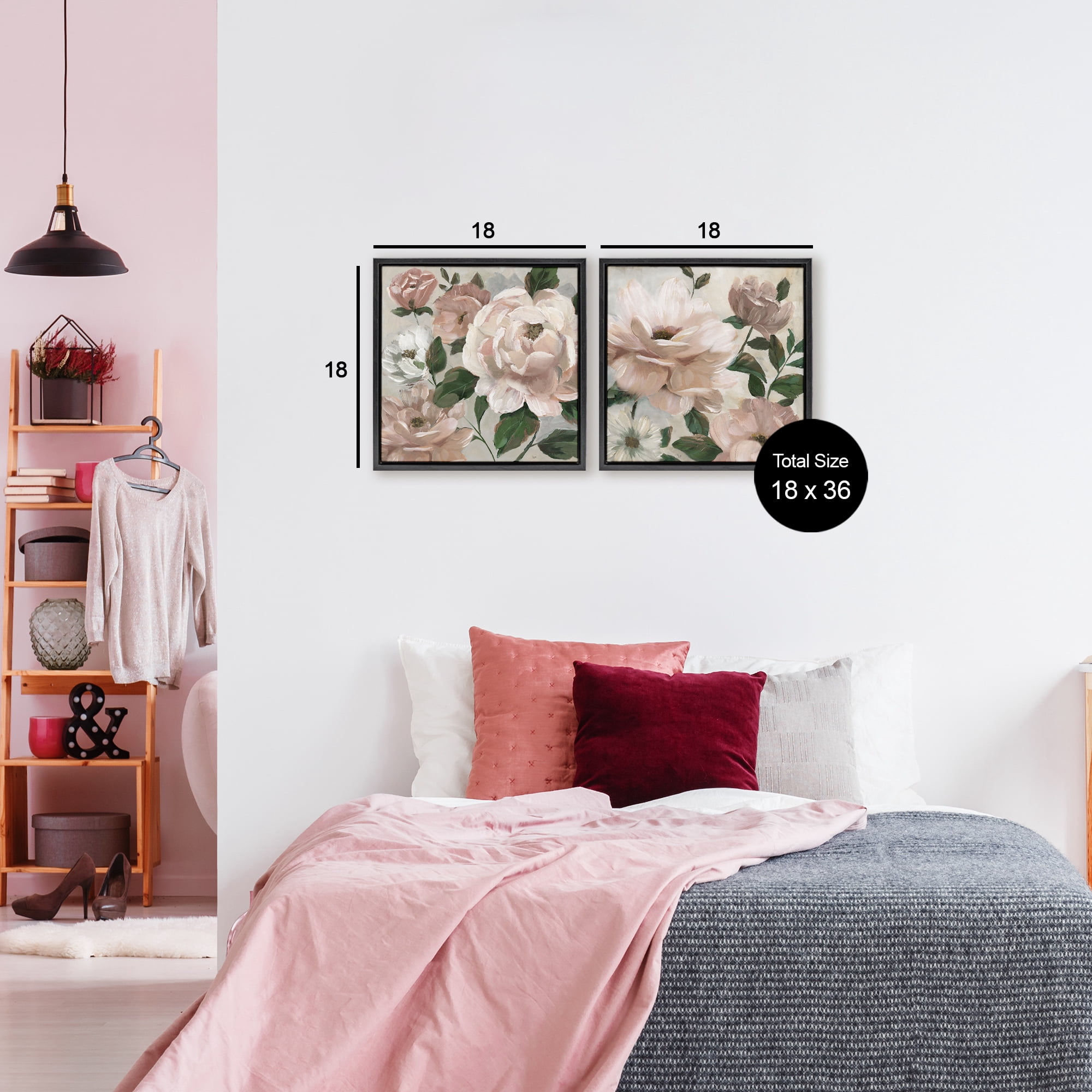 Stupell Industries Elegant Blush Peonies & Leaves 2 Piece Black Framed Floater Canvas Set, design by Nan