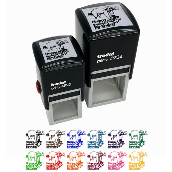 Happy Belated Birthday Sloth Friend with Present Self-Inking Rubber Stamp Ink Stamper - Black Ink - Small 1 Inch