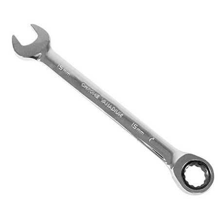 - 15mm Polished Chrome Ratcheting Combination Wrench Metric Bolt Nut, Heavy Duty Chrome Vanadium Construction By Tooluxe