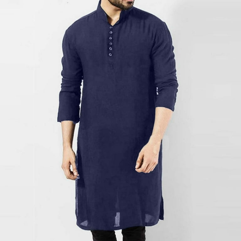 Mens Muslim Clothing Thobe Arabic Islamic Dress Long Sleeve Henley