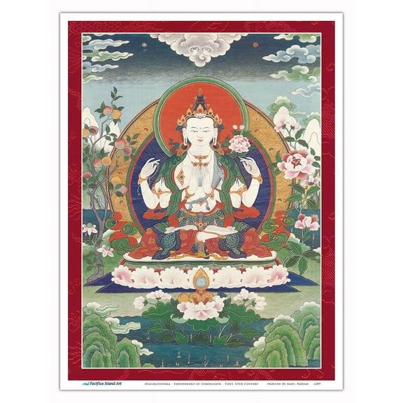 Avalokitesvara - Embodiment of Compassion - Buddhist Tantric Deity - Vintage Tibetan Thangka Buddhist Painting - Tibet, 13th Century - Master Art Print (Unframed) 9in x 12in
