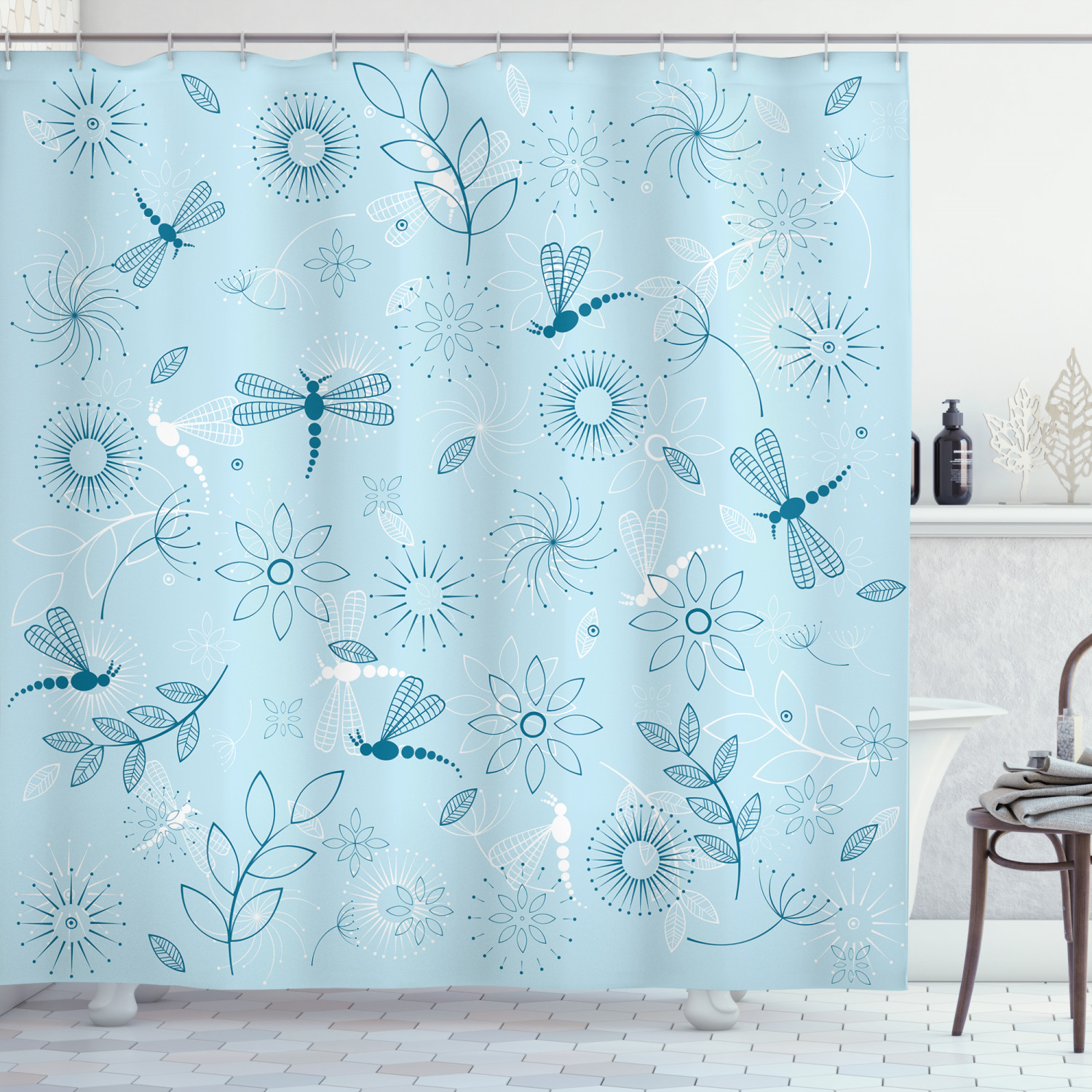 Dragonfly Shower Curtain, Ethnic Bugs Leaves Branches Flowers