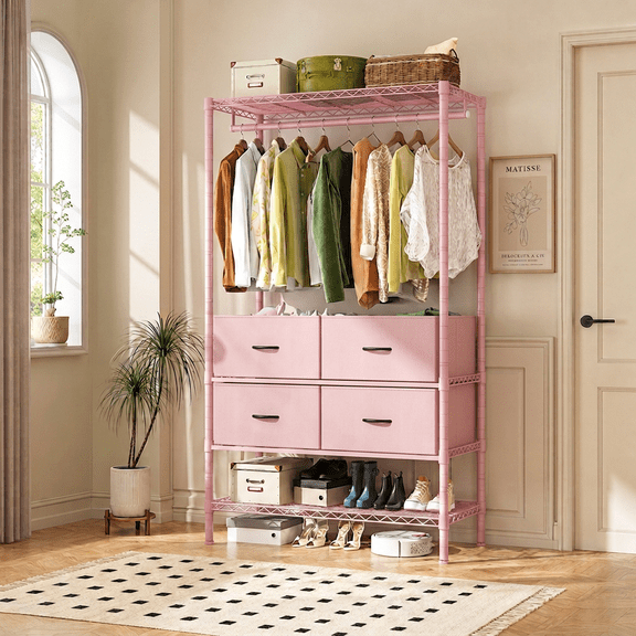 melmine Portable Closet Organizer with Adjustable Shelves and Fabric Drawers,71" Freestanding Wardrobe Rack with Customizable Hanging Space,Metal Clothes Storage Rack,Pink