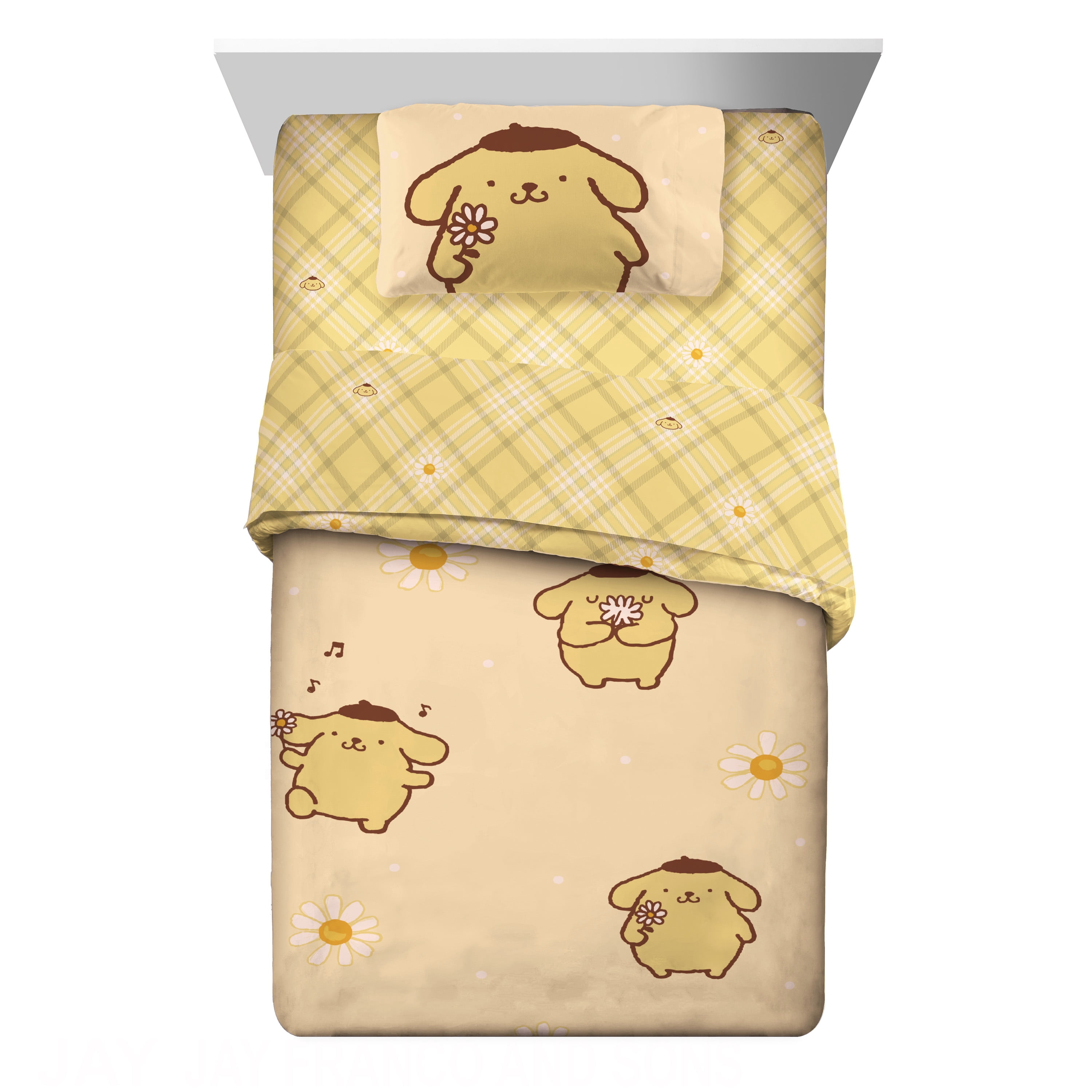 Pompompurin 5 Piece Yellow Gingham Print Reversible Comforter, Pillowcase, and Sheet Set, Full, Sanrio