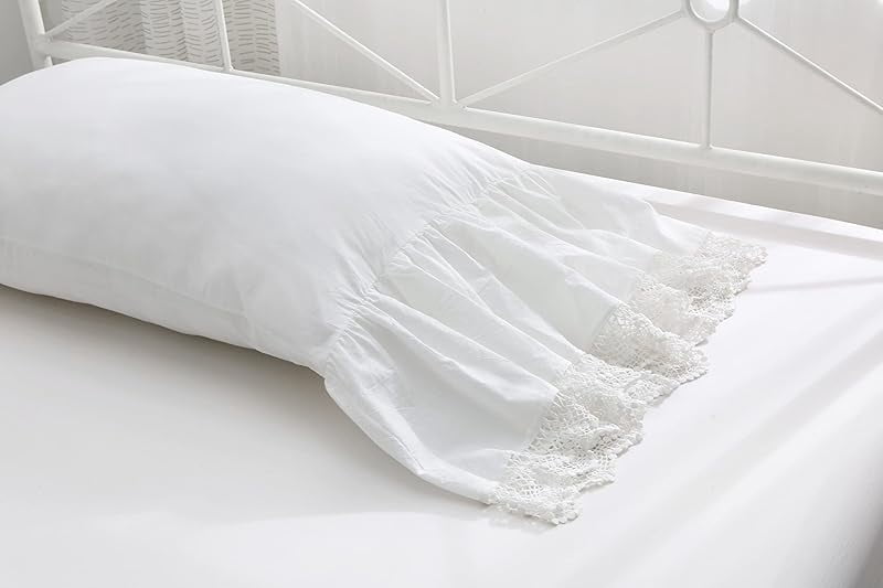 Ivory White Crocheted Lace Pillow Shams with Long Ruffles Cotton Standard Twin Size Pillowcases 26"X20" 2-Pack