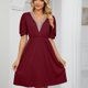 thumbnail image 4 of MELDVDIB - Vestido mini informal de verano con escote en V, manga corta, cintura imperio, liso y fluido, para mujer, en liquidación, 4 of 5