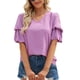 thumbnail image 1 of Top de verano para mujer, camisa informal con cuello en V y mangas cortas cónicas con farol de punto Jacquard, color morado XL, 1 of 5