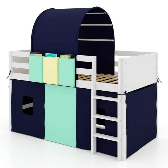 Costway Lit Mezzanine Double avec Tour et Tente 3 Poches de Rangement Garde-Corps de Sécurité et Échelle Bleu Marine