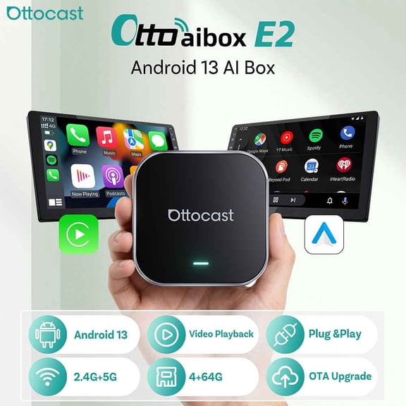 Ottocast E2 OttoAibox Android 13 Smart AI Box Wireless CarPlay Android Auto Car Accessories Video Player with Split-Screen Function