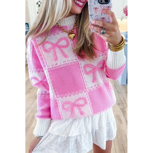 FOLUNSI Chic Plaid Sweater: Playful Pink Bow-Knot, Stylish & Trendy!