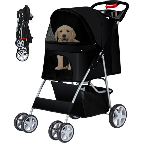 Pet Stroller 4 Wheels Dog Cat Stroller for Medium Small Dogs Cats, Folding Cat Jogger Stroller with Storage Basket & Breathable Mesh, Easy to Walk Travel Carrier, Black
