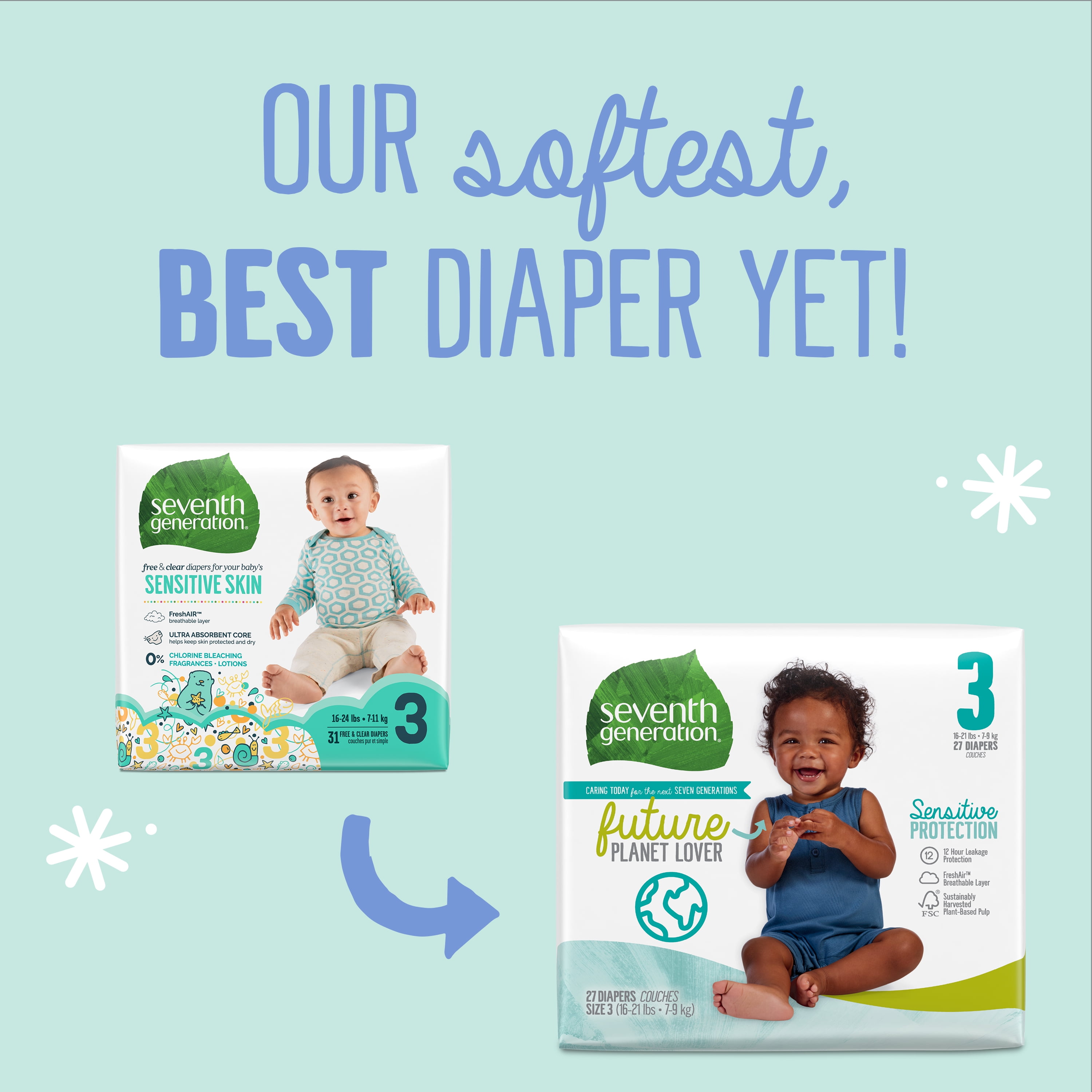 Seventh Generation Sensitive Protection Free & Clear Baby Diapers - Size 3, 27 count