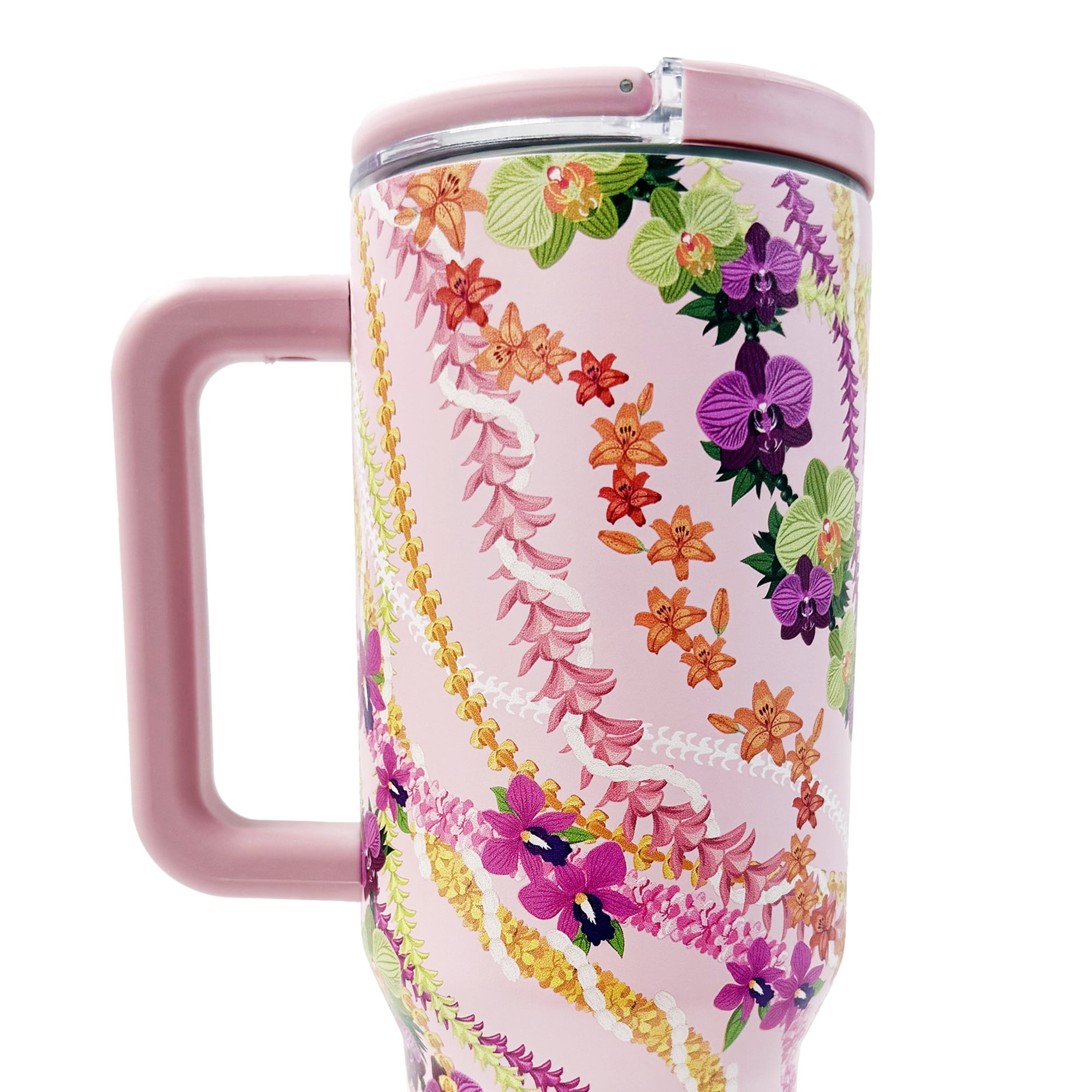 Island Crew 40 oz Light Pink Floral Lei Stainless Steel Tumbler with Handle