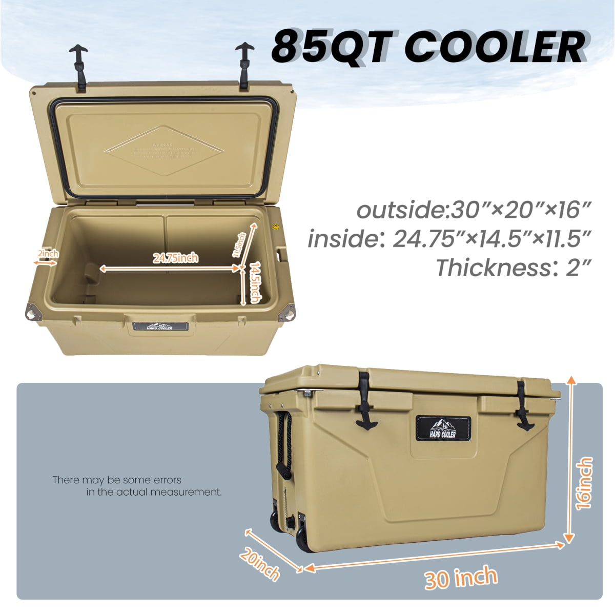 85 Quart Khaki Cooler, Ultra-Light Insulated Ice Chest, Heavy-Duty Hard Shell Cooler with 6-Day Ice Retention for Camping, Tailgating, Job Site, Multiple Sizes Available
