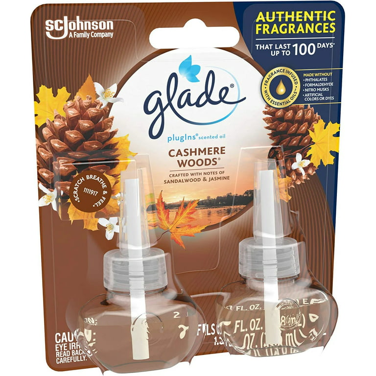 Glade PlugIns Refills Air Freshener, Scented and Essential Oils for Home  and Bathroom, Cashmere Woods, 1.34 Fl Oz, 2 Count