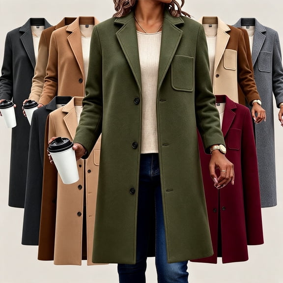 Smsaxvxz Women's Winter Casual Single Breasted Coat 2026 Fall Winter Fashion Mid Length Fleece Jacket Office Travel Overcoat Army Green L
