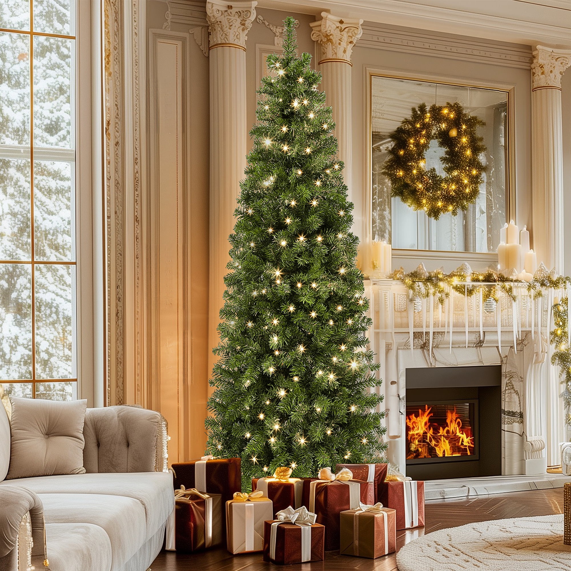 Uforic 7.5ft Pre-Lit Artificial Pencil Christmas Tree,Slim Fraser Fir Christmas Tree with 1000 Branch Tips and 350 Lights,Green