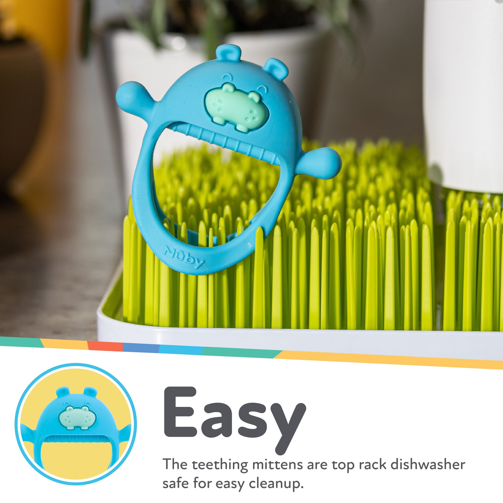 Nuby Mini Wrist Grip Silicone Teething Mitten for Babies, Hippo