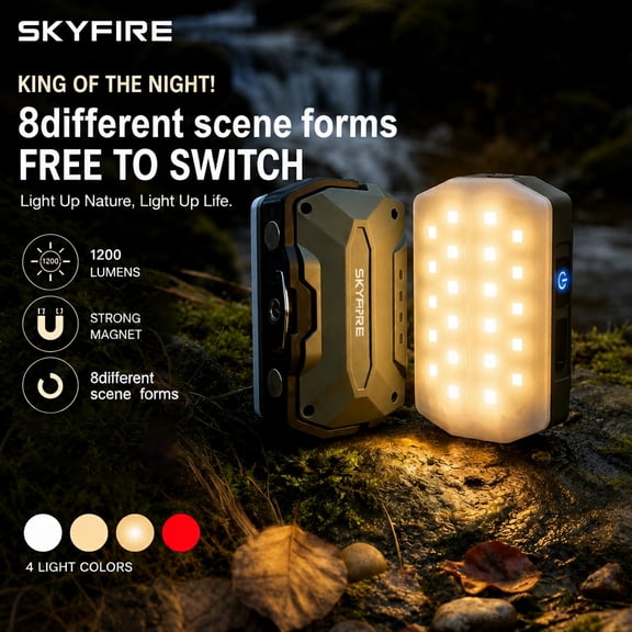 SKYFIRE 1200LM LED Camping Light, 4000mAh Rechargeable Tent Lantern with 5 Modes, Magnetic Base & Hook for Camping, Hiking, Emergencies