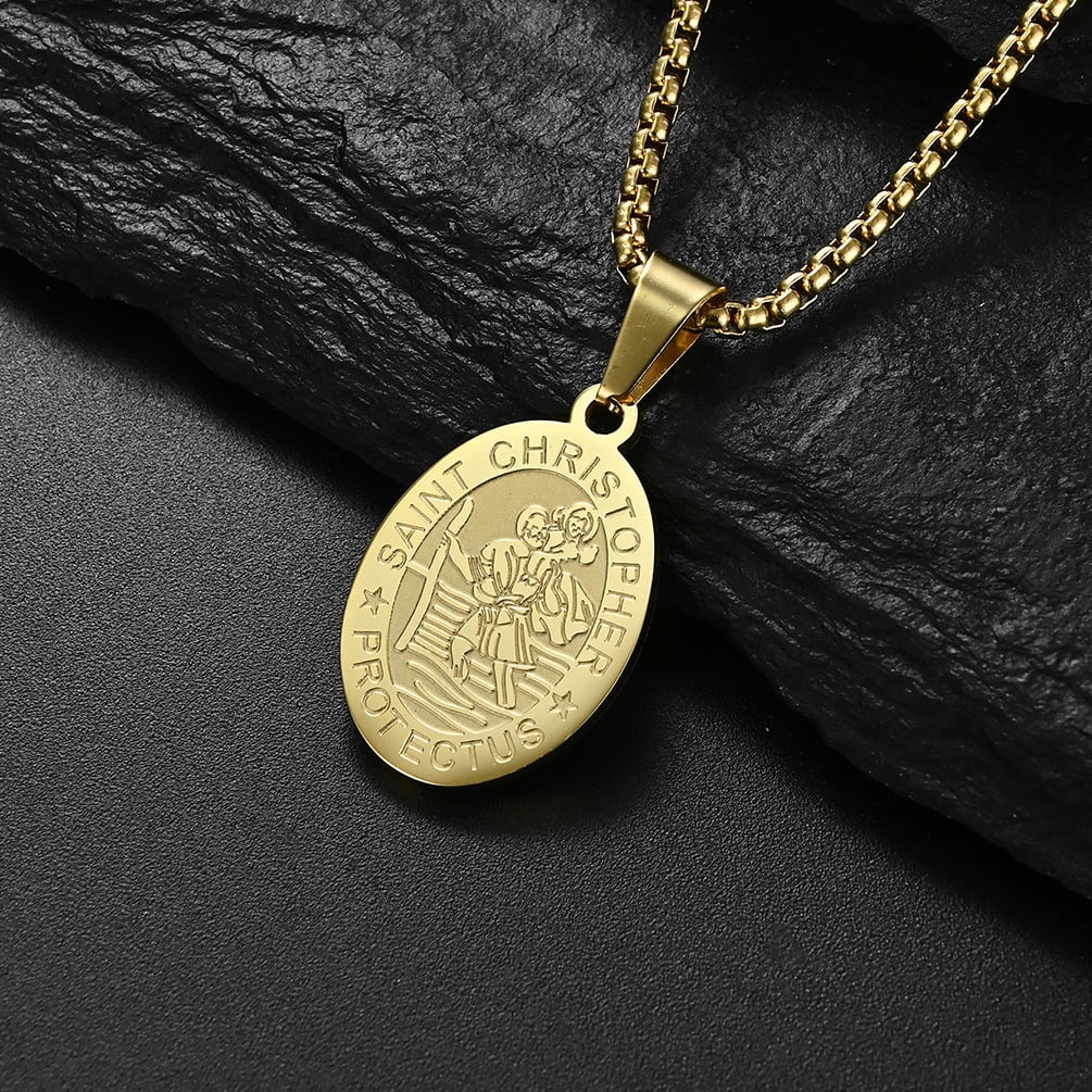 Raymard Saint St Christopher Pendant Necklace Titanium Steel Religious Christian Gift Archangel Amulet Exorcism Protection Oval Medal 24 Inch Rolo Chain