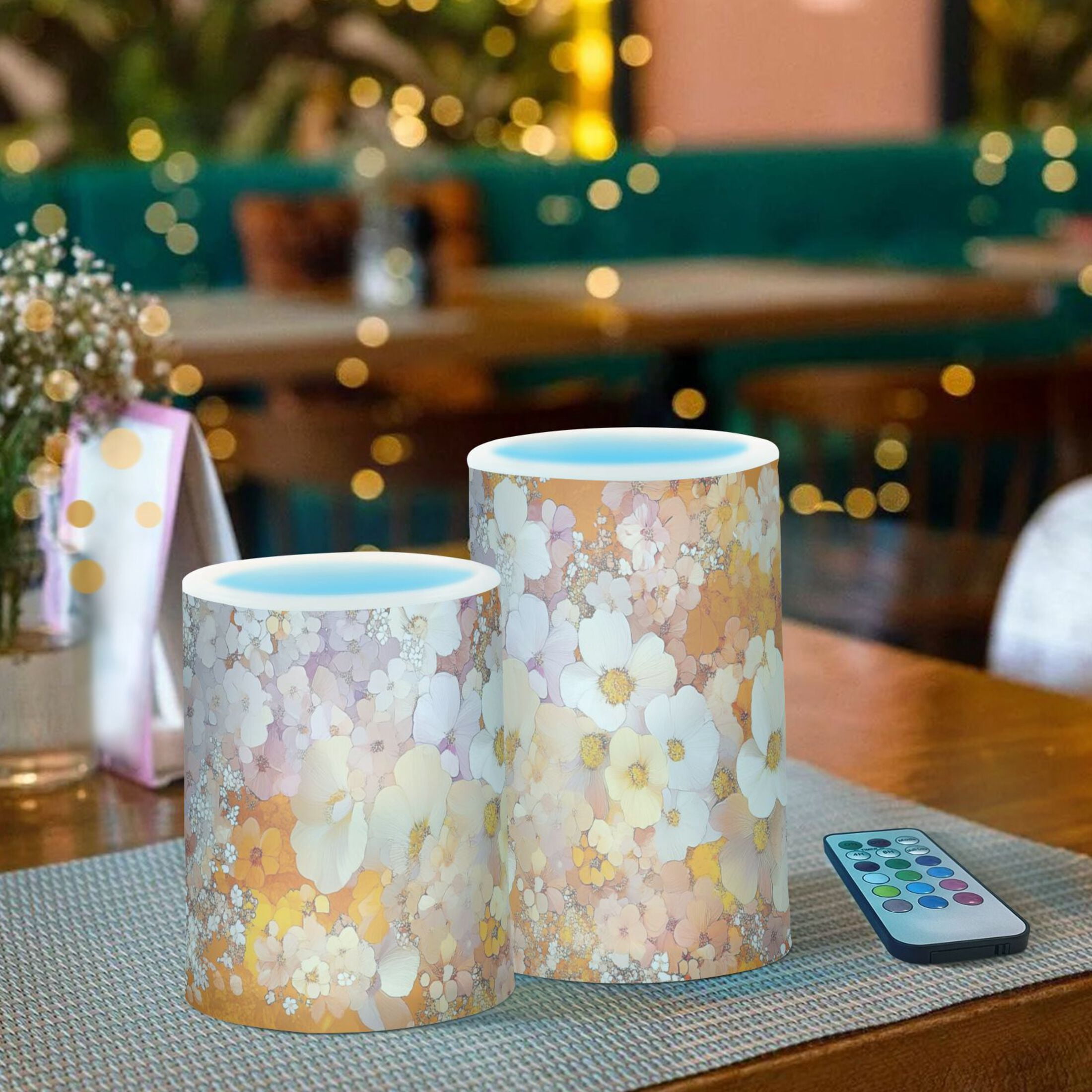Orange Gradient Watercolor Flower Flickering Flameless Candles Battery Operated with Remote Timer LED Pillar Candles Set of 2