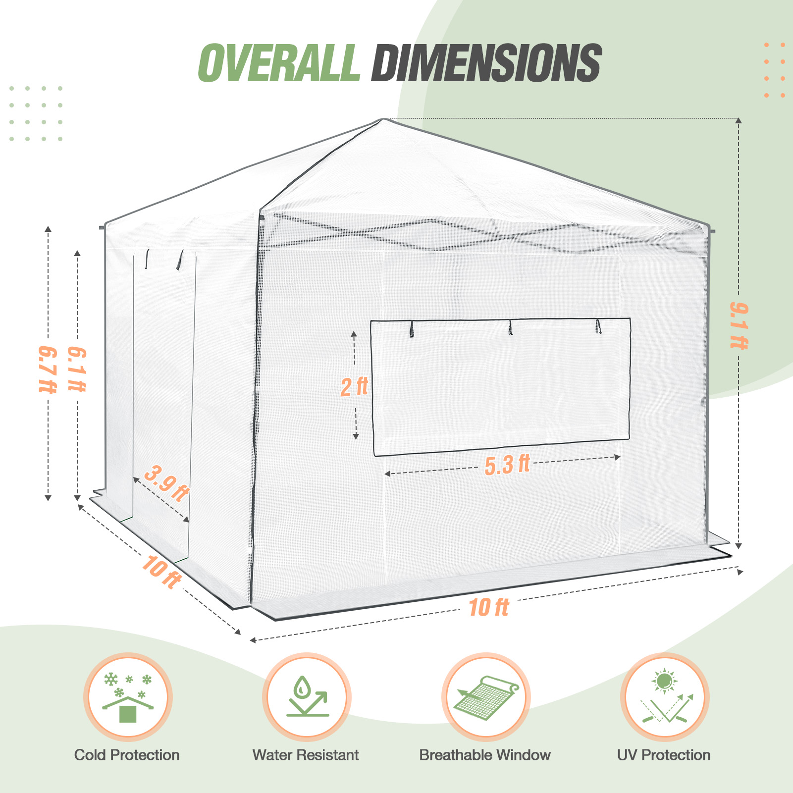 EAGLE PEAK 10'x 10' Portable Walk-in Greenhouse Instant Pop-up Easy Setup Indoor Outdoor Plant Gardening Green House Canopy, Front and Rear Roll-Up Zipper Entry Doors and 2 Large Roll-Up Side Windows