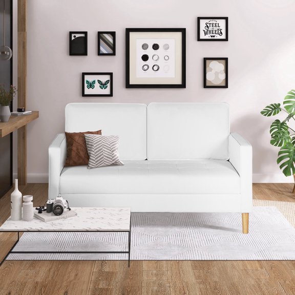 LAZZO 57" 2-Seat Mid-Century Loveseat Faux Leather Sofa Couch with Armrest, White