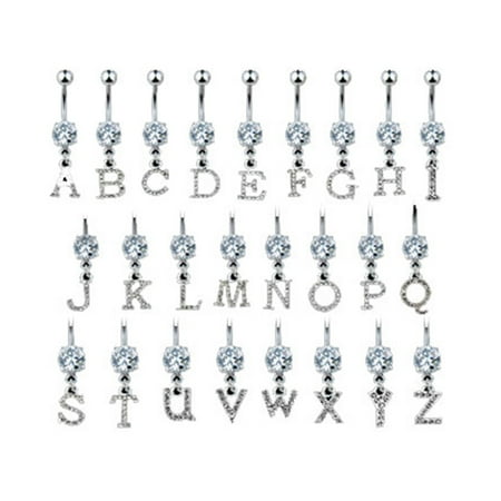 Oval Navel Ring - Navel Ring With Dangling Clear Jeweled Letter,Initial:B