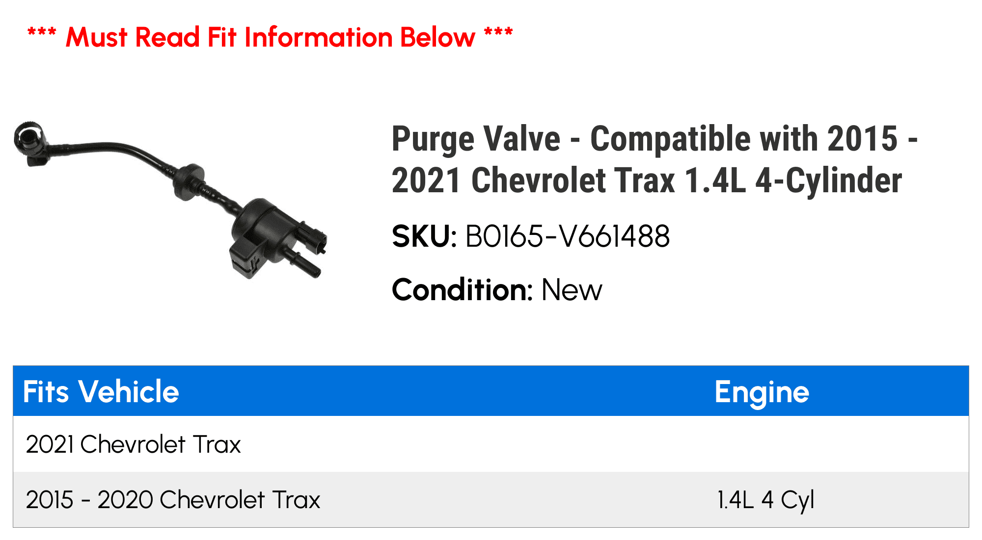 Purge Valve - Compatible with 2015 - 2021 Chevy Trax 1.4L 4-Cylinder 2016 2017 2018 2019 2020