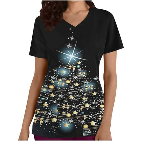 

JWZUY Womens Scrub Tops Stretch Workwear Graphic Printed V-Neck Nursing Scrubs with Pockets Nurse Working Uniforms Nursing Blouses Pullover Shirts T-Shirts Tshirts Tee Shirt (Black XL)