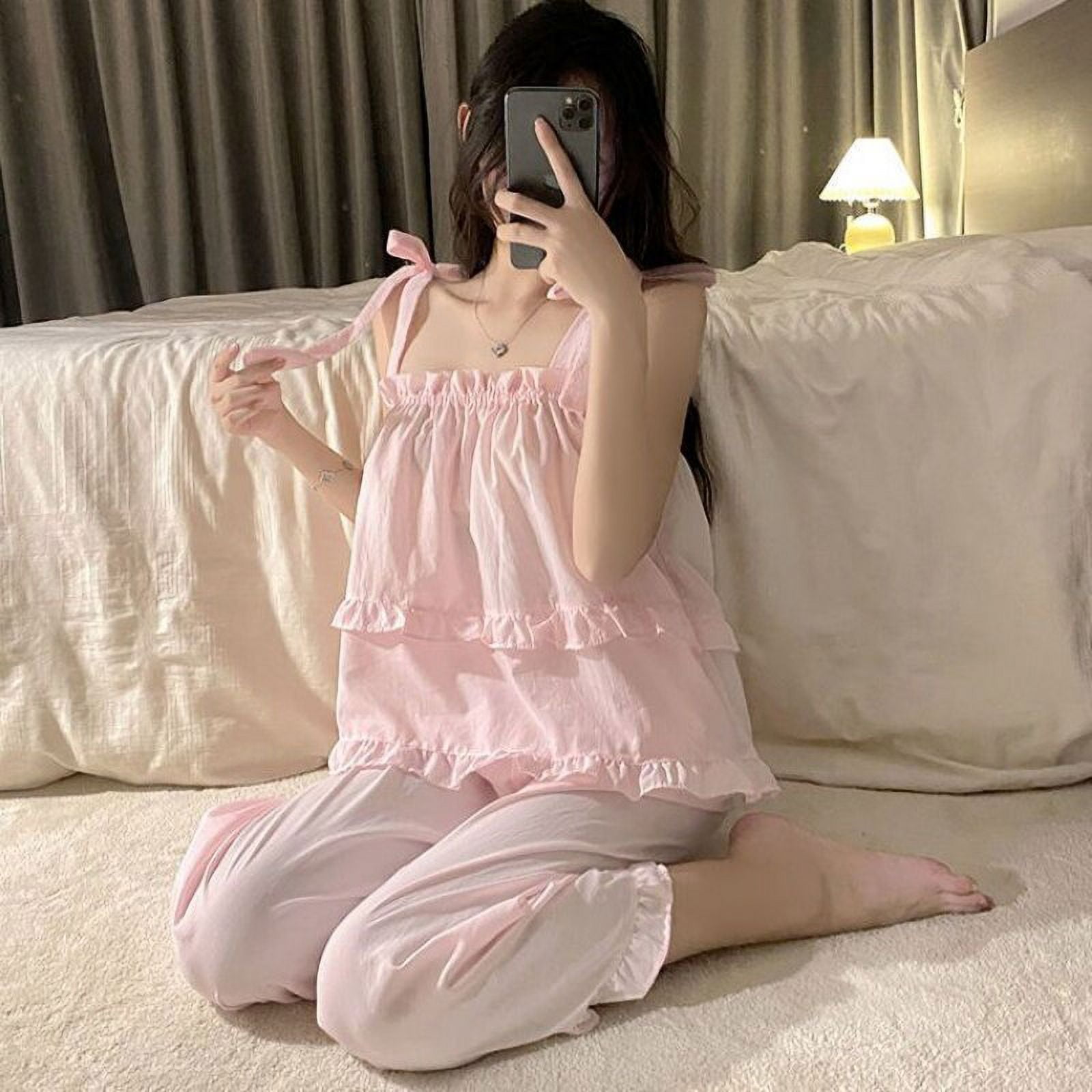 Tie Pajamas Sleepwear Women Korean Japan Style Two Piece Pants Set For Night Wear Cotton Pijama Home Suit Cami Cute Loungewear Pink Xl 57.5kg 67.5kg