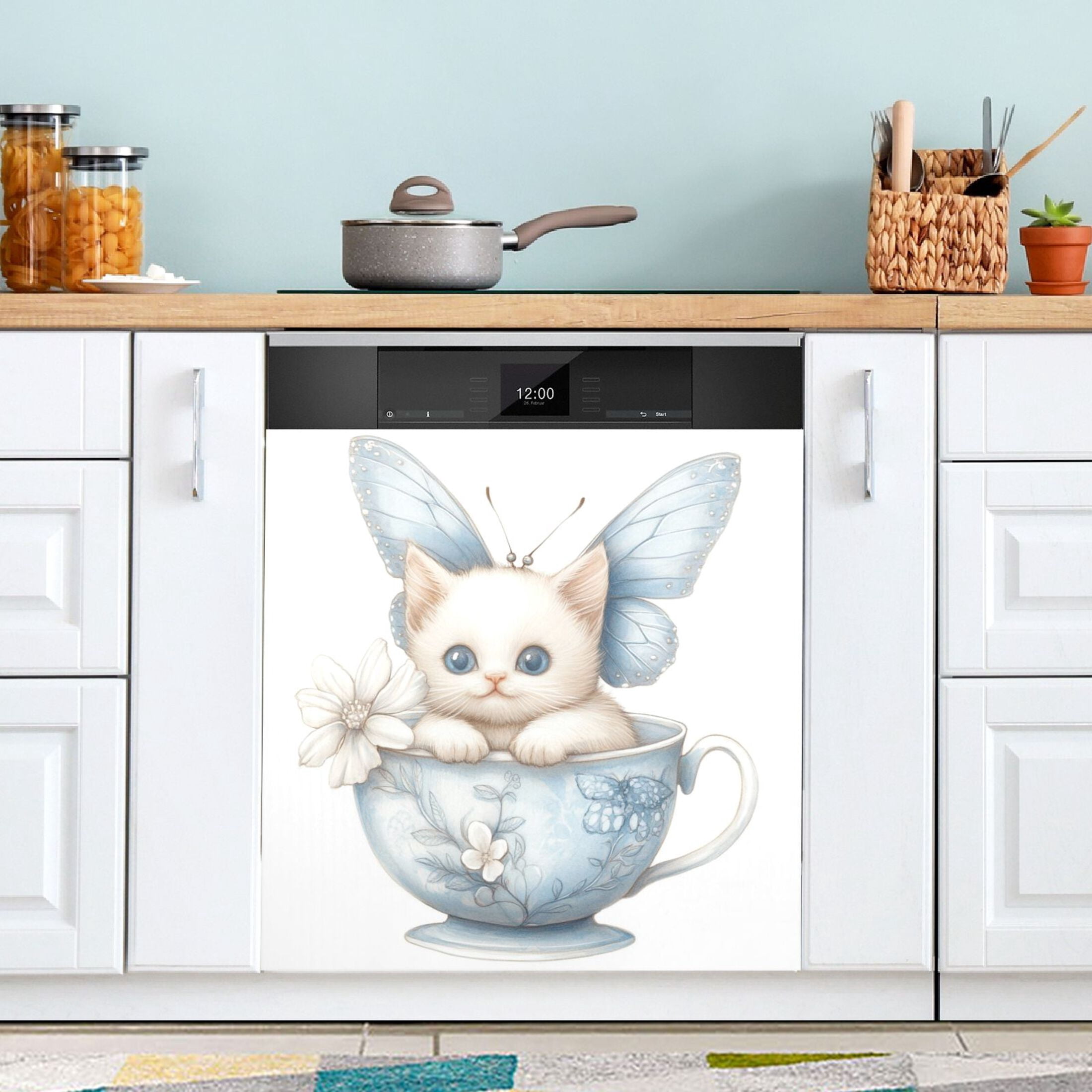 Dishwasher Magnetic Sticker 23x26 Inch Refrigerator Magnetic Sticker Washing Machine Magnetic Sticker Kitchen Panel Magnetic Sticker Home Decor Teacup Cute White Cat