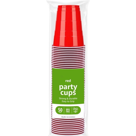 Disposable Plastic Party Cups for Cold Drinks, Red, 18oz, 50 Count, BPA-Free