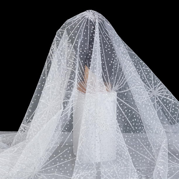 Tela de tul blanco brillante con lentejuelas por yarda (150 cm de ancho), tela bordada con estrellas, malla de fuegos artificiales, tela de encaje dorado