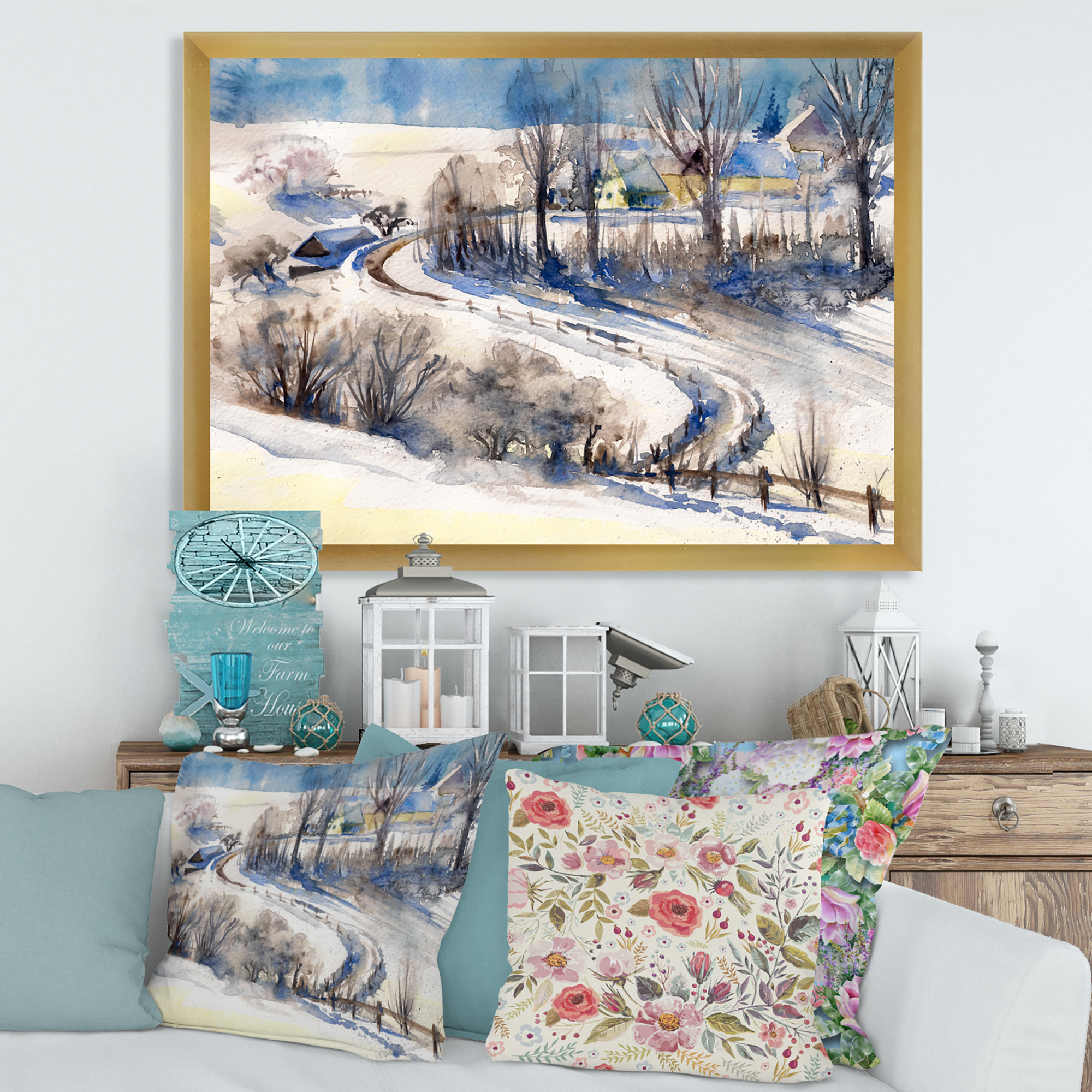 Designart 'Country Road In Winter Times Landscape I' Traditional Framed Art Print