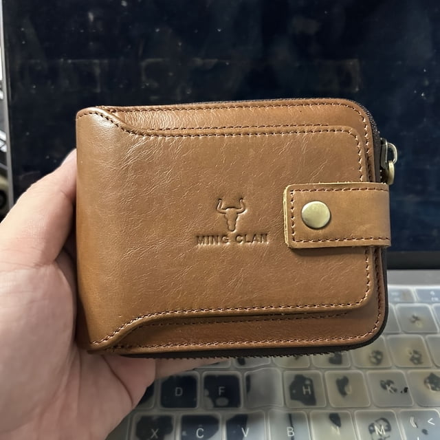 Genuine Leather Zipper Wallet For Men - RFID Blocking Large Capacity Credit Card Holder Holder Wallet, Business Style, Solid Color