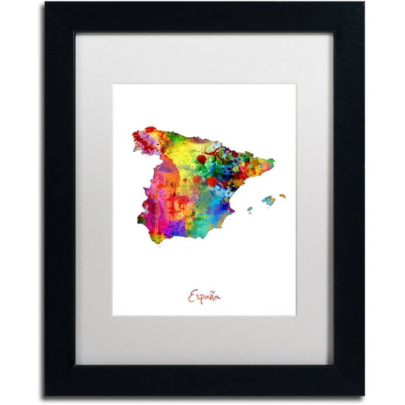 Trademark Fine Art "Spain Watercolor Map" Canvas Art by Michael Tompsett White Matte, Black Frame